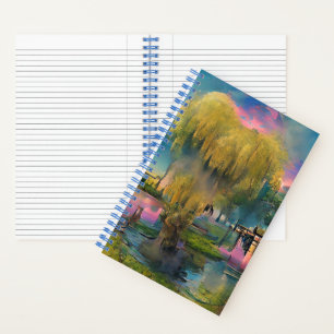 Willow tree at sunset by the pond notebook
