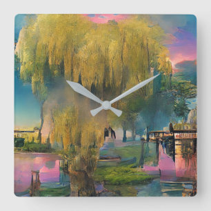 Willow tree at sunset by the pond  square wall clock