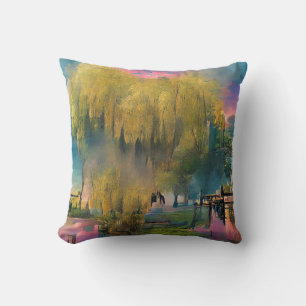 Willow tree at sunset by the pond throw pillow