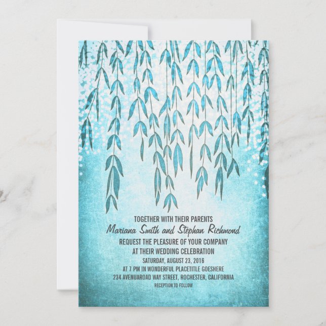 Willow Tree Branches Blue String Lights Wedding Invitation (Front)