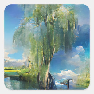 Willow tree to the sky Abstract Square Sticker