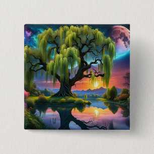 Willow tree under a Full Moon N Starry sky Sunset 2 Inch Square Button