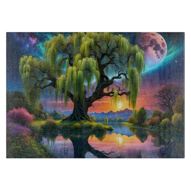 Willow tree under a Full Moon N Starry sky Sunset Cutting Board (Front)