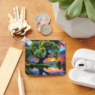Willow tree under a Full Moon N Starry sky Sunset Keychain