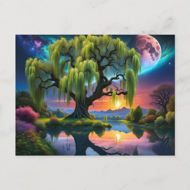 Willow tree under a Full Moon N Starry sky Sunset Postcard (Front)