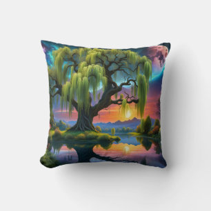 Willow tree under a Full Moon N Starry sky Sunset Throw Pillow