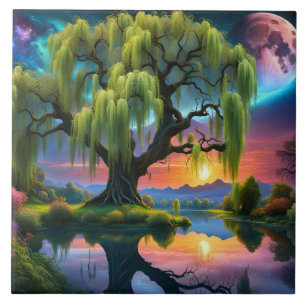 Willow tree under a Full Moon N Starry sky Sunset Tile