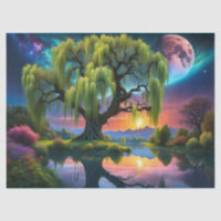 Willow tree under a Full Moon N Starry sky Sunset