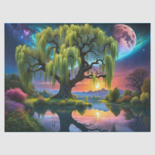 Willow tree under a Full Moon N Starry sky Sunset Tissue Paper
