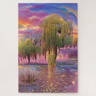  Willow trees at Pink sunset by the pond  Jigsaw Puzzle