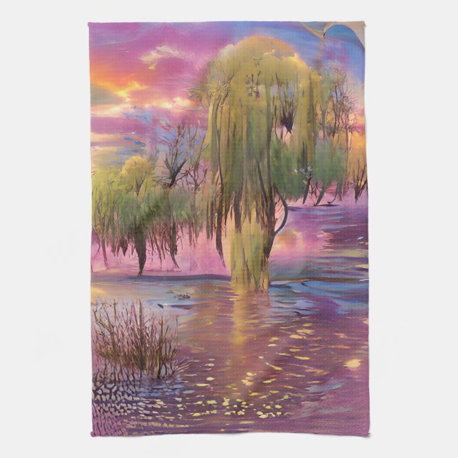  Willow trees at Pink sunset by the pond  Kitchen Towel (Vertical)