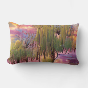 Willow trees at Pink sunset by the pond Lumbar Pillow