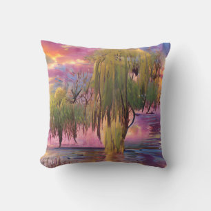 Willow trees at Pink sunset by the pond Throw Pillow