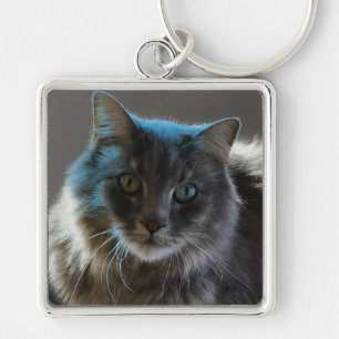 Willy Boy Majestic Long-Haired Grey Cat Keychain