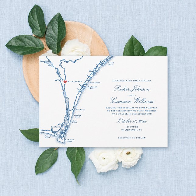 Wilmington NC Map Elegant Navy Blue Wedding Invitation (128 South Wedding Invitation Wilmington NC Map in elegant navy blue by Coastal Map Designs)