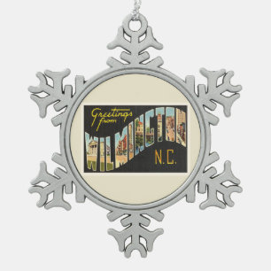 Wilmington North Carolina NC Old Vintage Postcard- Snowflake Pewter Christmas Ornament