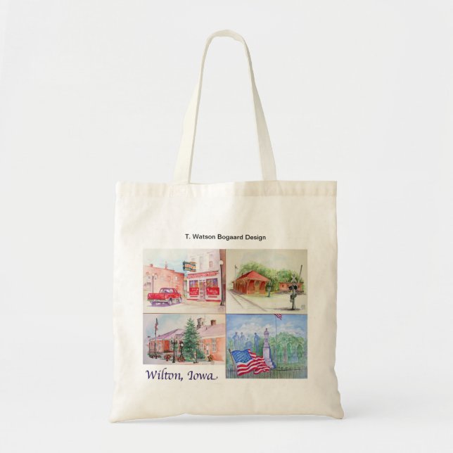 Wilton, Iowa Watercolor Collage Tote Bag (Front)