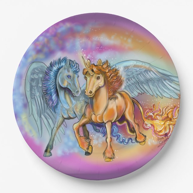 Wind and Flame Romantic pegasus and unicorn  Paper Plate (Front)