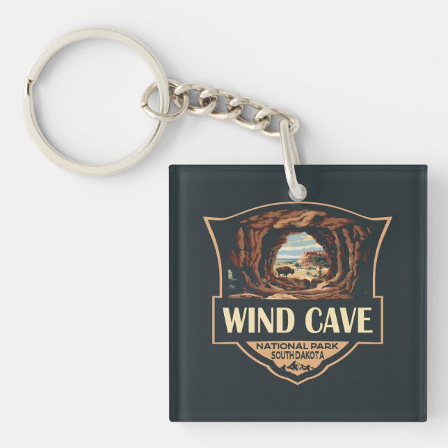 Wind Cave National Park Illustration Retro Badge Keychain (Front)