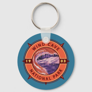 Wind Cave National Park Retro Compass Emblem Keychain