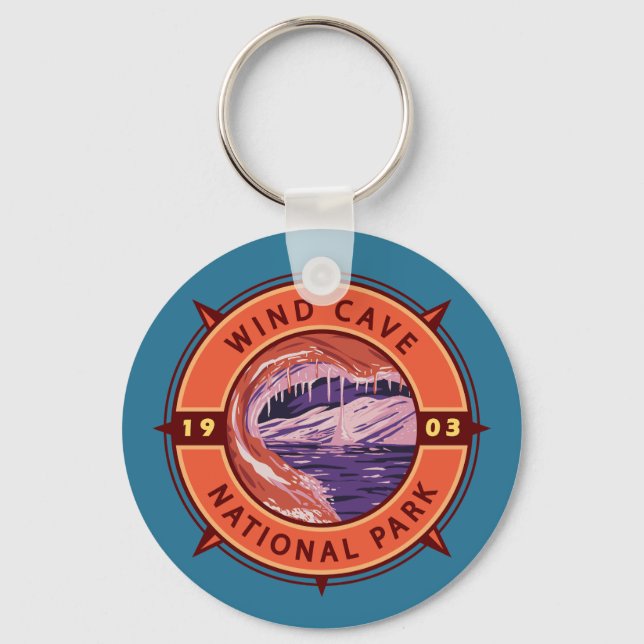Wind Cave National Park Retro Compass Emblem Keychain (Front)