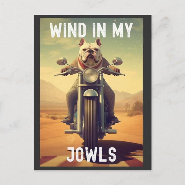 Wind in My Jowls : A Bulldog Riding a Motorcycle Postcard (Front)