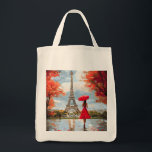 Wind Romance Paris Chic Walk Tote Bag<br><div class="desc">A graceful woman with a red umbrella strolls toward the Eiffel Tower in a soft autumn breeze. Romantic Parisian charm in glowing red and gold tones.</div>