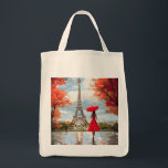Wind Romance Paris Chic Walk Tote Bag<br><div class="desc">A graceful woman with a red umbrella strolls toward the Eiffel Tower in a soft autumn breeze. Romantic Parisian charm in glowing red and gold tones.</div>