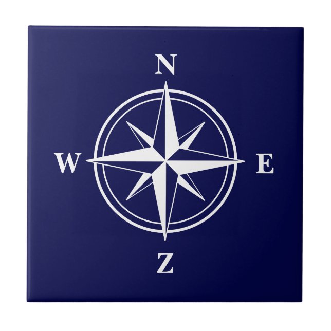 Wind rose compass star design nautical navy blue tile (Front)