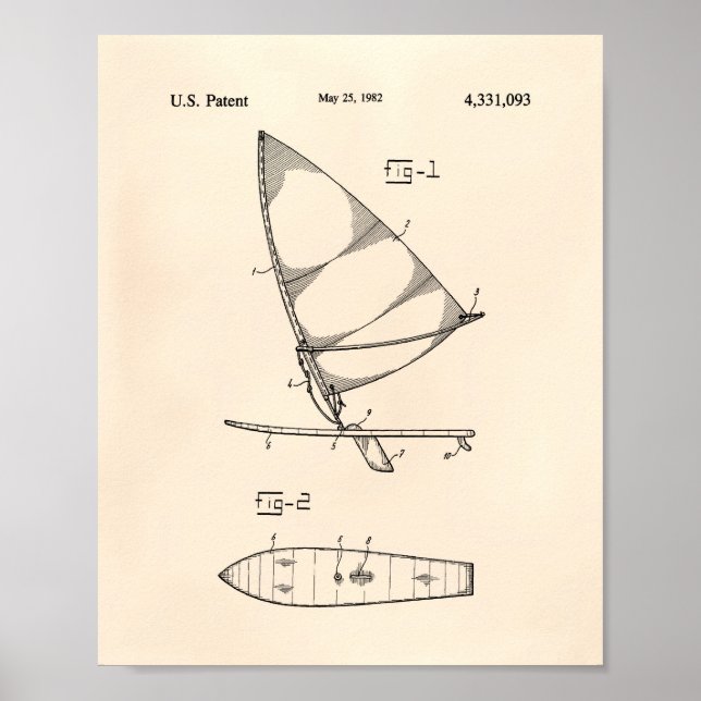 Wind Surfboard 1982 Patent Art Old Peper Poster (Front)