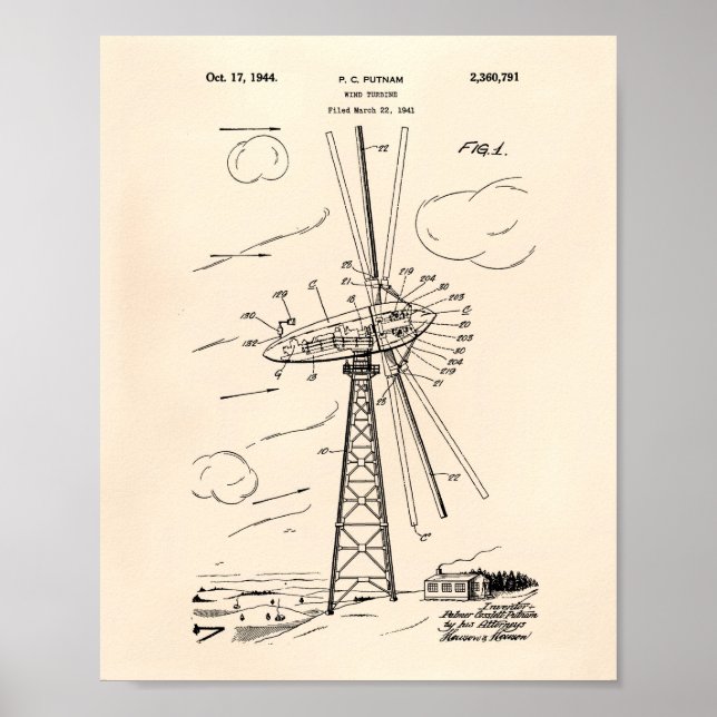 Wind Turbine 1944 Patent Art Old Peper Poster (Front)