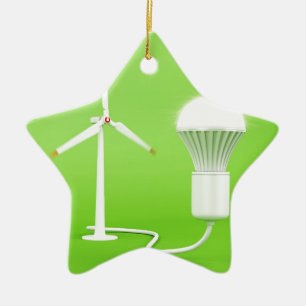 Wind turbine and glowing light bulb ceramic ornament