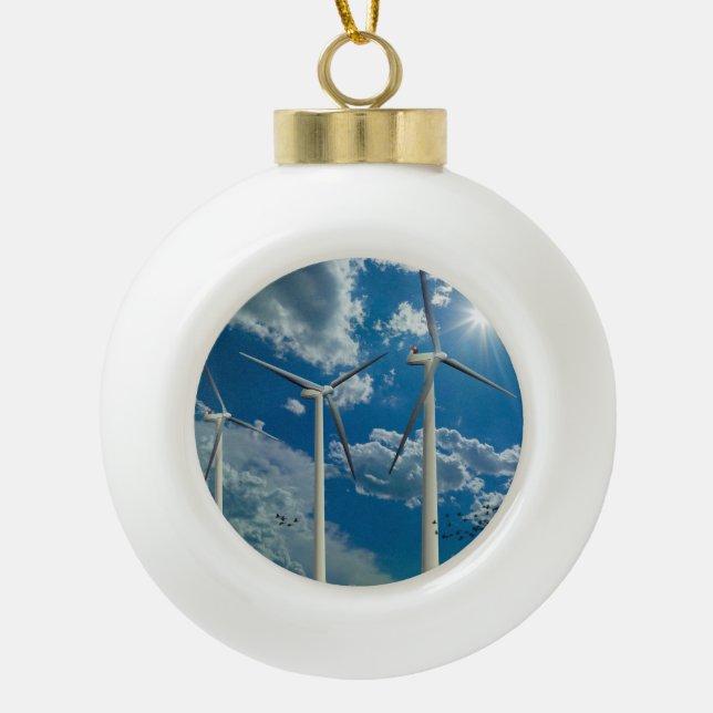 Wind Turbines Blue Sky Clouds Ceramic Ball Christmas Ornament (Front)