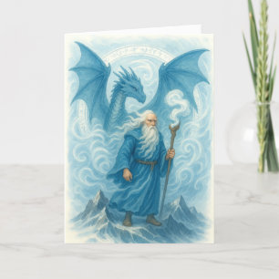 Wind Wizard and Dragon in Blue Watercolor Fantasy Card