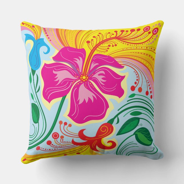 Windblown Tropical Flowers Throw Pillow (Back)