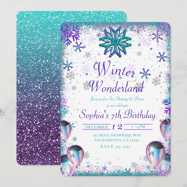 Winder Wonderland Teal Purple Birthday Party Invitation (Front/Back)