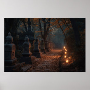 Winding cobblestone path through woods at twilight poster