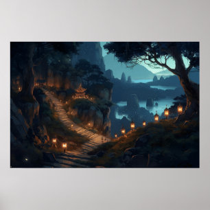 Winding mountain stairway to the sacred temple poster