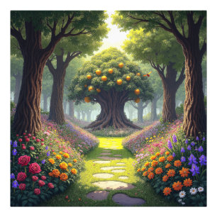 Winding Path through Flower Meadow to Orange Tree Photo Print
