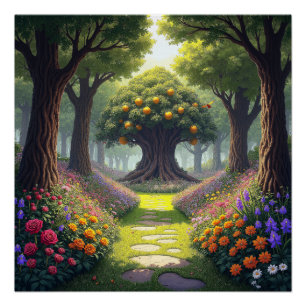 Winding Path through Flower Meadow to Orange Tree Poster