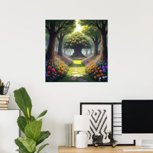 Winding Path through Flower Meadow to Orange Tree Poster