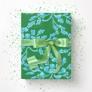 Winding Peony Woodcut in Green and Aqua Wrapping Paper