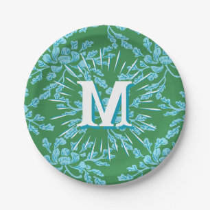 Winding Peony Woodcut in Green + Aqua Personalized Paper Plate