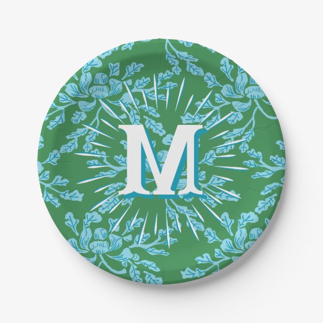 Winding Peony Woodcut in Green + Aqua Personalized Paper Plate (Front)