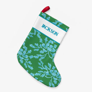 Winding Peony Woodcut in Green + Aqua Personalized Small Christmas Stocking