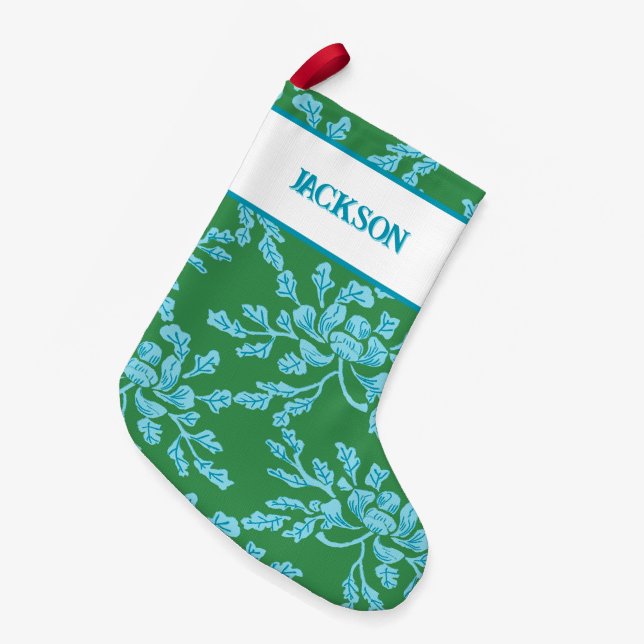 Winding Peony Woodcut in Green + Aqua Personalized Small Christmas Stocking (Front (Hanging))
