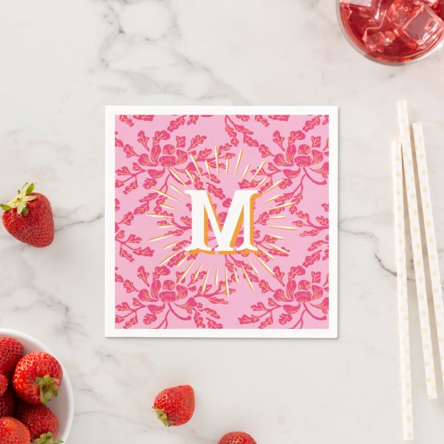 Winding Peony Woodcut Pink + Orange Personalized Napkin (Insitu)