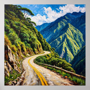 Winding Road Surrounded by Verdant Mountains Poster
