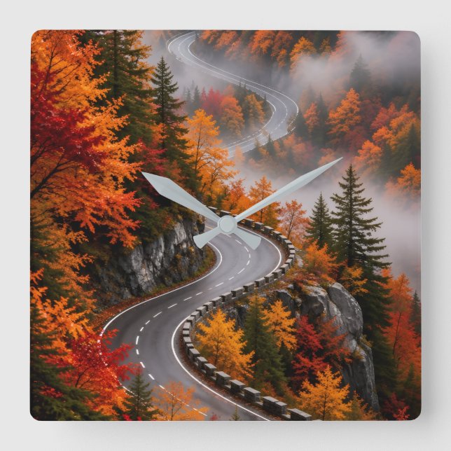 Winding Road Through Misty Autumn Forest Wall  Square Wall Clock (Front)