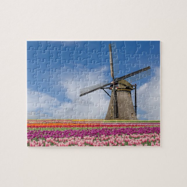 Windmill And Colourful Tulips Amsterdam Netherland Jigsaw Puzzle (Horizontal)